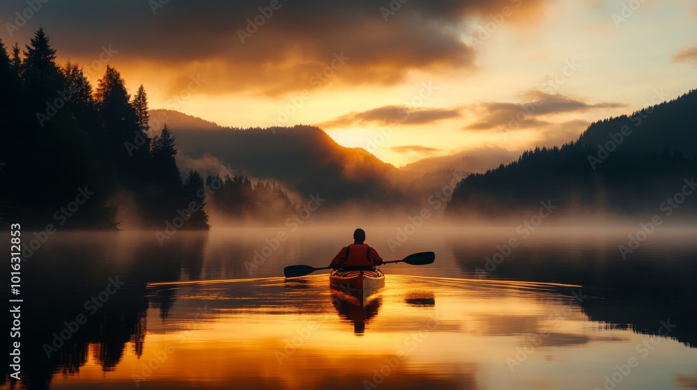 Kayaking at Sunrise with Misty Mountains Kayaking at Sunrise with Misty Mountains
