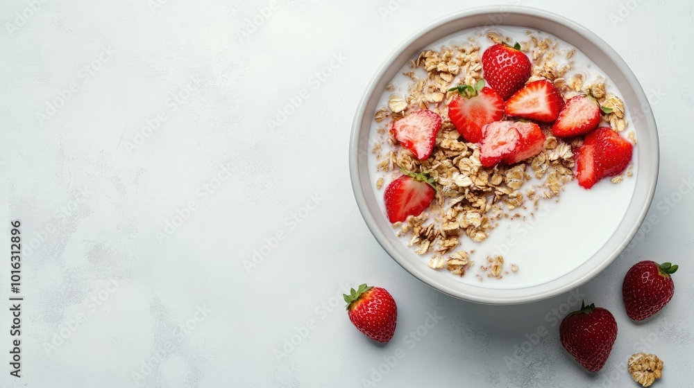 Top-down shot of a muesli bowl with strawberries and milk, centered with blank space around for text. Top-down shot of a muesli bowl with strawberries and milk, centered with blank space around for text.