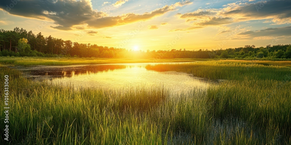 A serene landscape featuring a tranquil pond, vibrant grass, and a stunning sunset reflecting on the water surface.