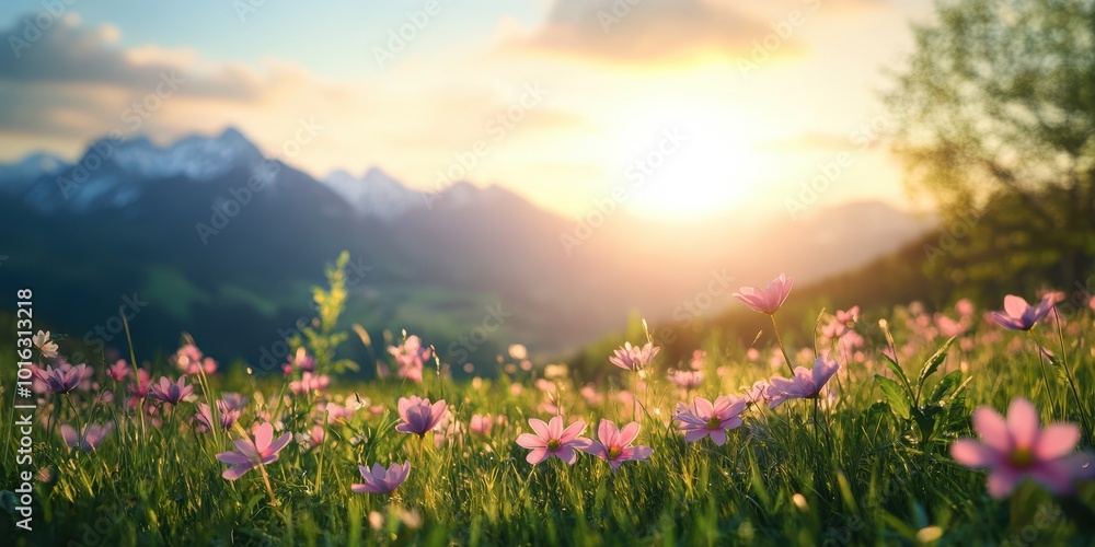 A serene landscape showcasing vibrant flowers in a field under a glowing sunset, framed by majestic mountains. A serene landscape showcasing vibrant flowers in a field under a glowing sunset, framed by majestic mountains.