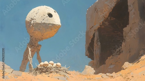 Oviraptor a fierce dinosaur with a bird like appearance fiercely guarding its nest of eggs amidst the harsh rocky desert landscape  The prehistoric creature exhibits a protective and vigilant stance photo