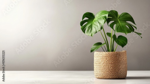 Monstera Deliciosa Plant in Wicker Pot on White Table