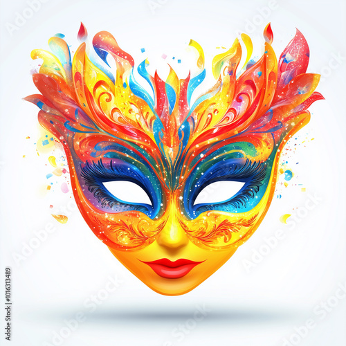  Colorful carnival mask with abstract elements on a white background,