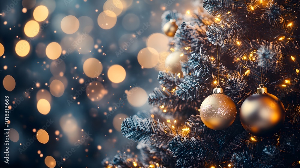 Close-up of a Decorated Christmas Tree with Gold Ornaments and String Lights Close-up of a Decorated Christmas Tree with Gold Ornaments and String Lights