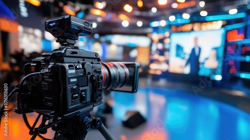 TV studio with a newscaster and high-tech cameras, ready for breaking news coverage in a professional media setting.