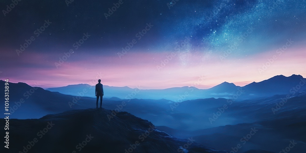 A serene silhouette of a person gazing at the mystical night sky filled with stars over majestic mountains. A serene silhouette of a person gazing at the mystical night sky filled with stars over majestic mountains.