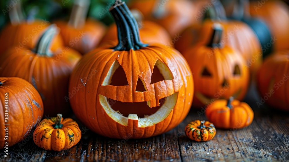 A vibrant collection of carved Halloween pumpkins illuminated in warm autumn light on a rustic wooden table. Generative AI A vibrant collection of carved Halloween pumpkins illuminated in warm autumn light on a rustic wooden table. Generative AI