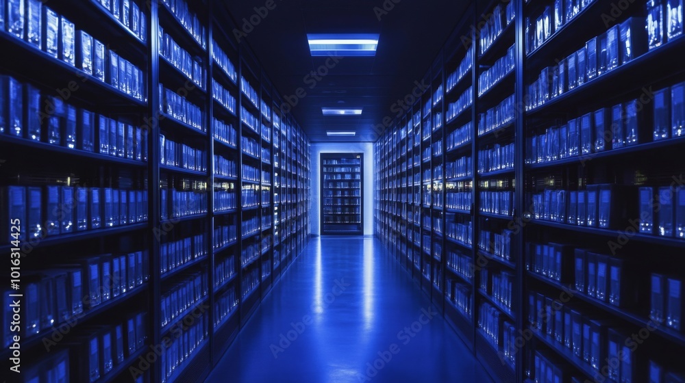 A long hallway lined with shelves full of blue boxes. A long hallway lined with shelves full of blue boxes.