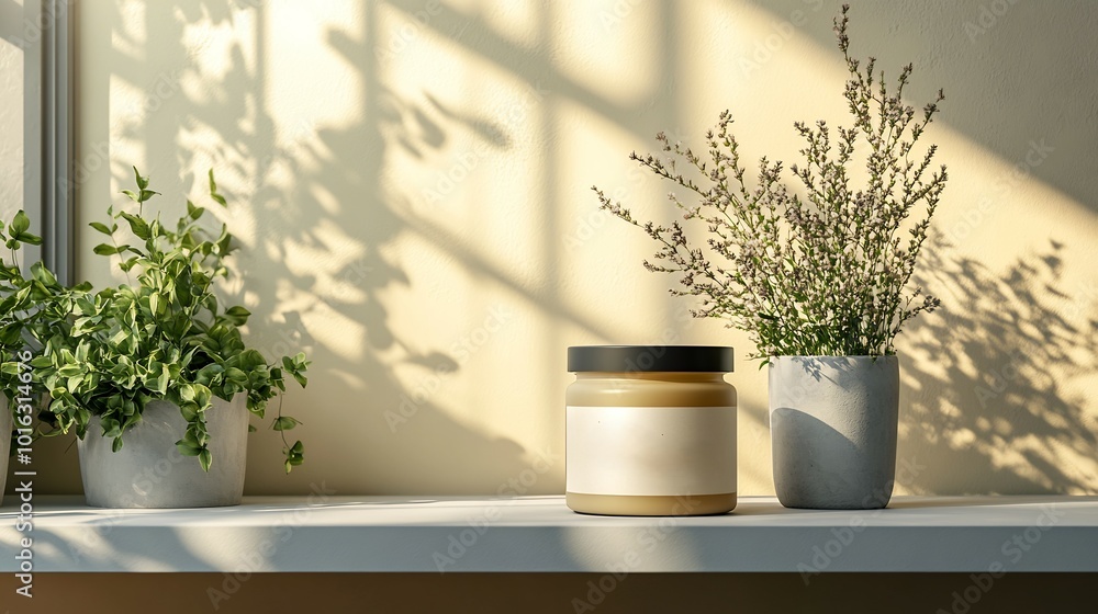 Product Label Mockup a Cylindrical Jar Displayed on a Clean Shelf with Soft Natural Lighting Perfect for Showcasing Product Branding Label Design and Packaging Concepts Product Label Mockup a Cylindrical Jar Displayed on a Clean Shelf with Soft Natural Lighting Perfect for Showcasing Product Branding Label Design and Packaging Concepts
