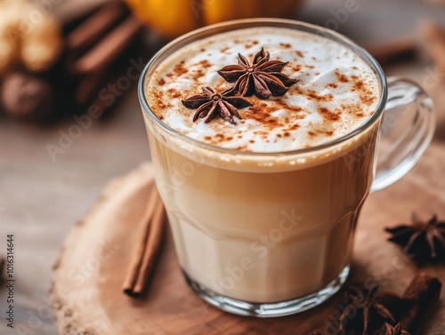 Pumpkin latte with cinnamon and star anise on table