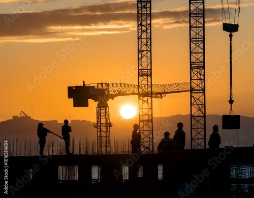 Silhouetted workers at a construction site with cranes and buildings in progress, representing industry, teamwork, and development - Generative AI photo