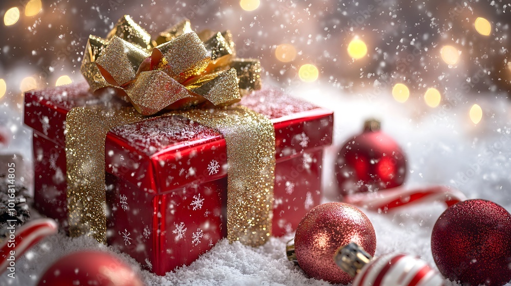 Red Christmas Gift Box with Gold Ribbon and Ornaments in Snow Red Christmas Gift Box with Gold Ribbon and Ornaments in Snow