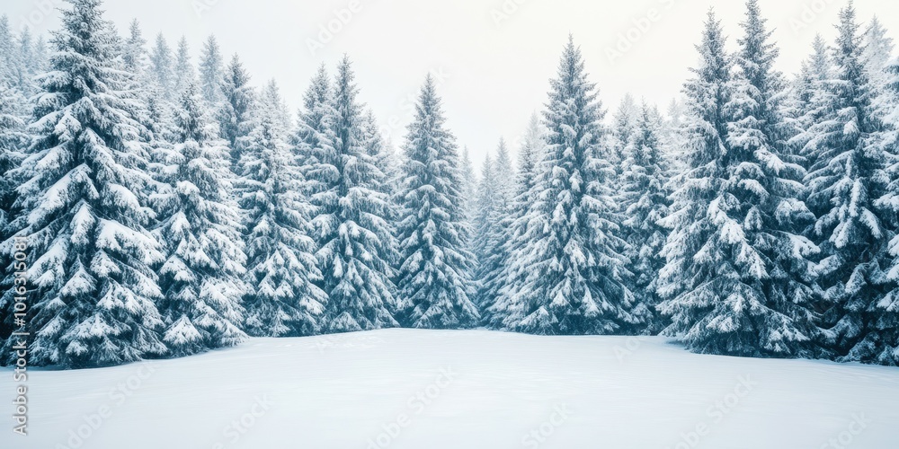 Obraz premium A serene winter landscape featuring snow-covered trees and a peaceful atmosphere, perfect for evoking calm and tranquility.
