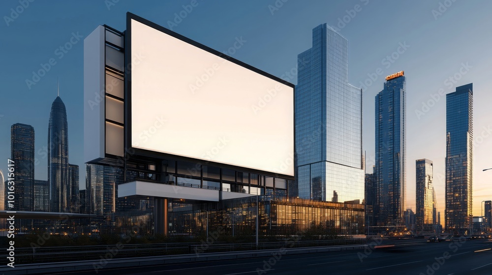 Blank Billboard Mockup Modern Cityscape with Skyscrapers at Sunset Blank Billboard Mockup Modern Cityscape with Skyscrapers at Sunset