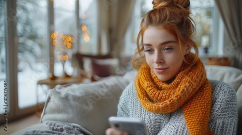 Cozy winter afternoon spent indoors as a young woman enjoys reading on her phone by the window. Generative AI