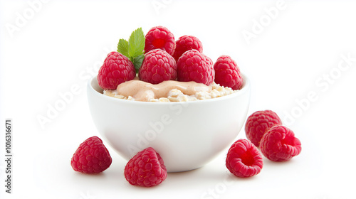 Creamy yogurt topped with fresh raspberries creates delightful and healthy snack. vibrant red berries add burst of color and flavor, making it visually appealing and nutritious.