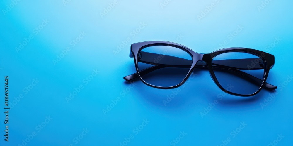 A stylish pair of sunglasses resting on a vibrant blue background, ideal for summer fashion and accessory themes. A stylish pair of sunglasses resting on a vibrant blue background, ideal for summer fashion and accessory themes.