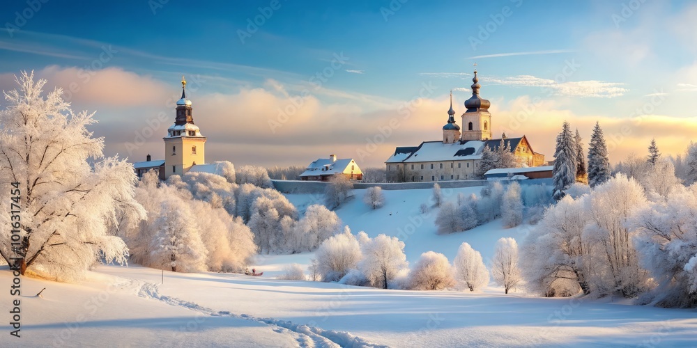 In the peaceful winter setting, a snow-covered monastery stands as a beacon of tranquility, inviting quiet contemplation amid the serene beauty of In the peaceful winter setting, a snow-covered monastery stands as a beacon of tranquility, inviting quiet contemplation amid the serene beauty of