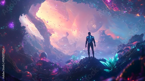 man in futuristic suit standing on glowing plants in the alien planet, digital art style, illustration painting. 