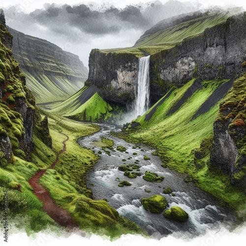 A Waterfall tumbling down moss-covered cliffs. A winding trail leads through the rugged, green terrain to the waterfall’s base, while a clear river flows beneath overcast skies, highlighting