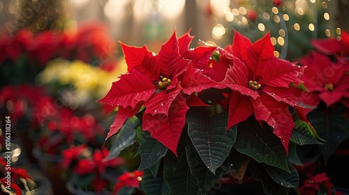 A vibrant display of holiday poinsettias blooming in a sunlit greenhouse during the festive season. Generative AI photo