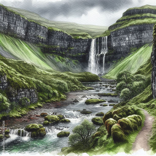 A Waterfall tumbling down moss-covered cliffs. A winding trail leads through the rugged, green terrain to the waterfall’s base, while a clear river flows beneath overcast skies, highlighting