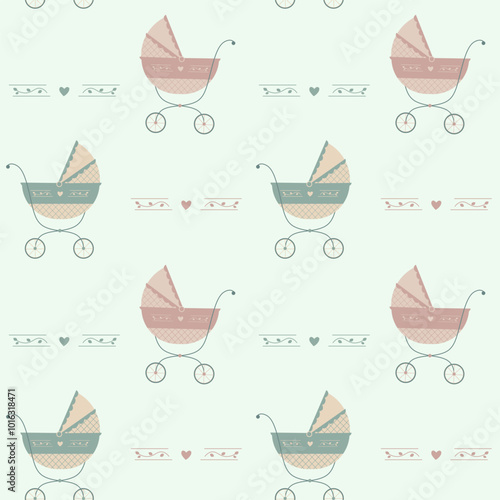 Vector seamless pattern with baby carriages. Nice stylish strollers for walking for children.
