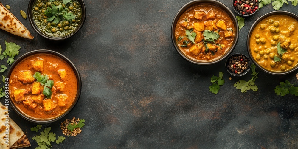 A vibrant display of three delicious curries served in bowls, garnished with fresh herbs, accompanied by naan bread and spices. A vibrant display of three delicious curries served in bowls, garnished with fresh herbs, accompanied by naan bread and spices.