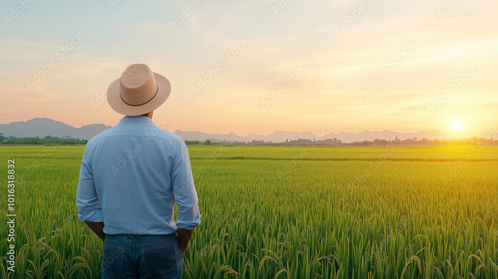 A man in straw hat stands in lush green rice field, gazing at sunset over mountains. serene landscape evokes sense of peace and connection to nature A man in straw hat stands in lush green rice field, gazing at sunset over mountains. serene landscape evokes sense of peace and connection to nature