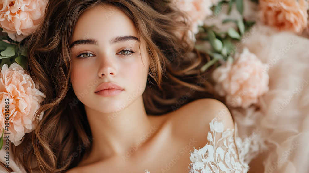 beautiful woman with long, wavy hair lies among soft pink flowers, exuding serene and dreamy expression. beautiful woman with long, wavy hair lies among soft pink flowers, exuding serene and dreamy expression.