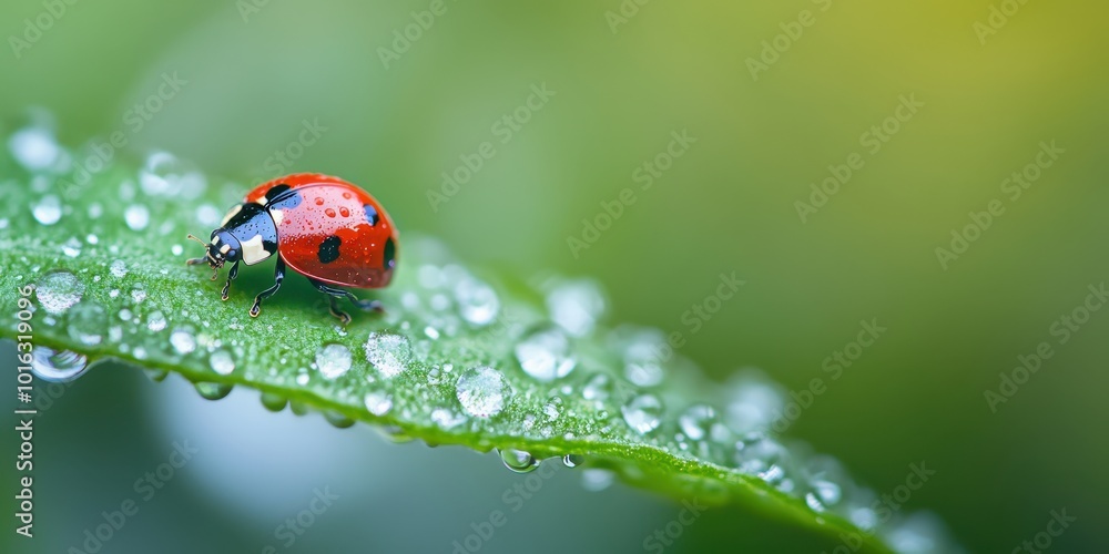 Obraz premium A vibrant ladybug resting on a green leaf adorned with droplets of water, capturing the beauty of nature in close-up.