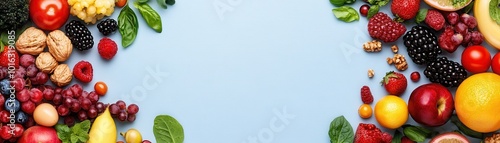 Fresh fruits and nuts on blue background