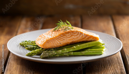 Salmon fillet with fresh asparagus on white plate. Delicious food for dinner. Tasty and healthy. photo