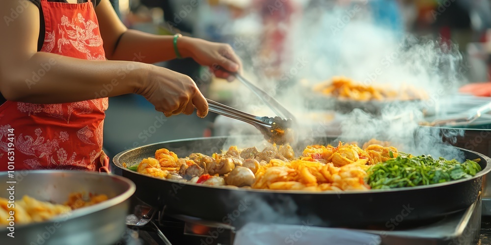 A vibrant street food scene, showcasing a cook preparing delicious dishes in a bustling outdoor market filled with steam. A vibrant street food scene, showcasing a cook preparing delicious dishes in a bustling outdoor market filled with steam.