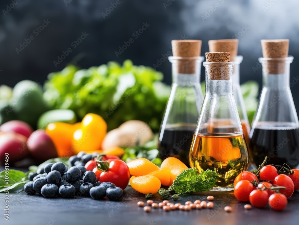 Fresh ingredients with oil bottles, dark background Fresh ingredients with oil bottles, dark background