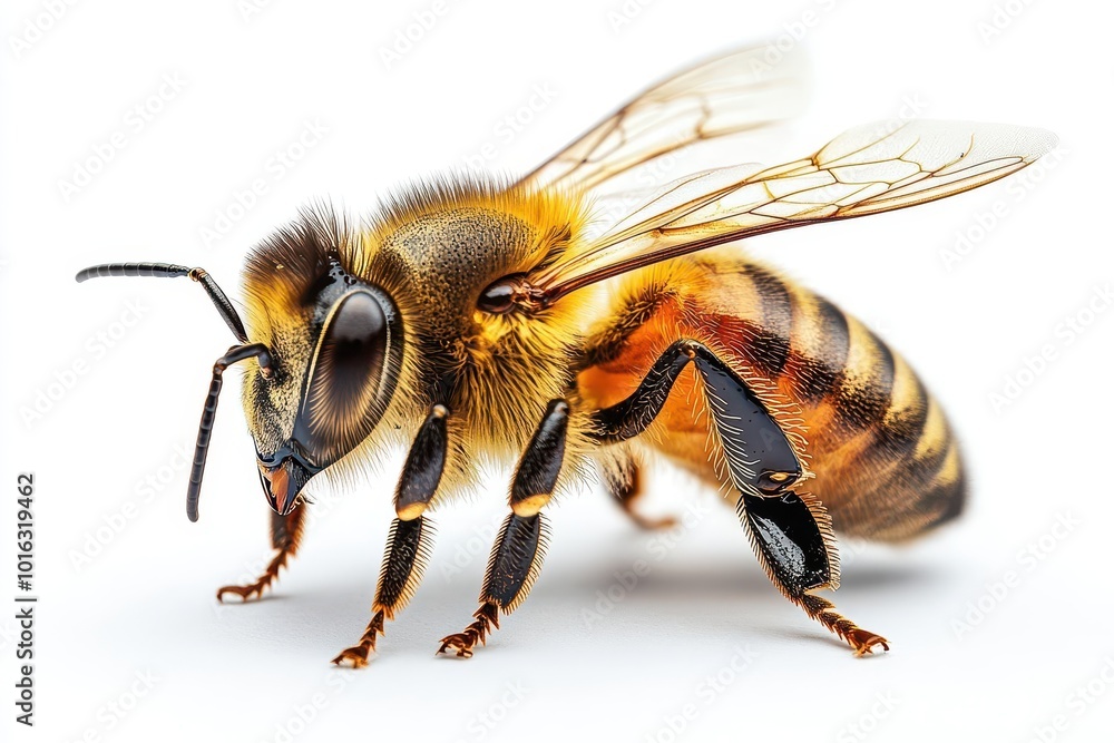 detailed closeup of a honey bee walking on a pure white background showcasing its intricate features and delicate wings emphasizing the beauty and importance of this busy pollinator detailed closeup of a honey bee walking on a pure white background showcasing its intricate features and delicate wings emphasizing the beauty and importance of this busy pollinator