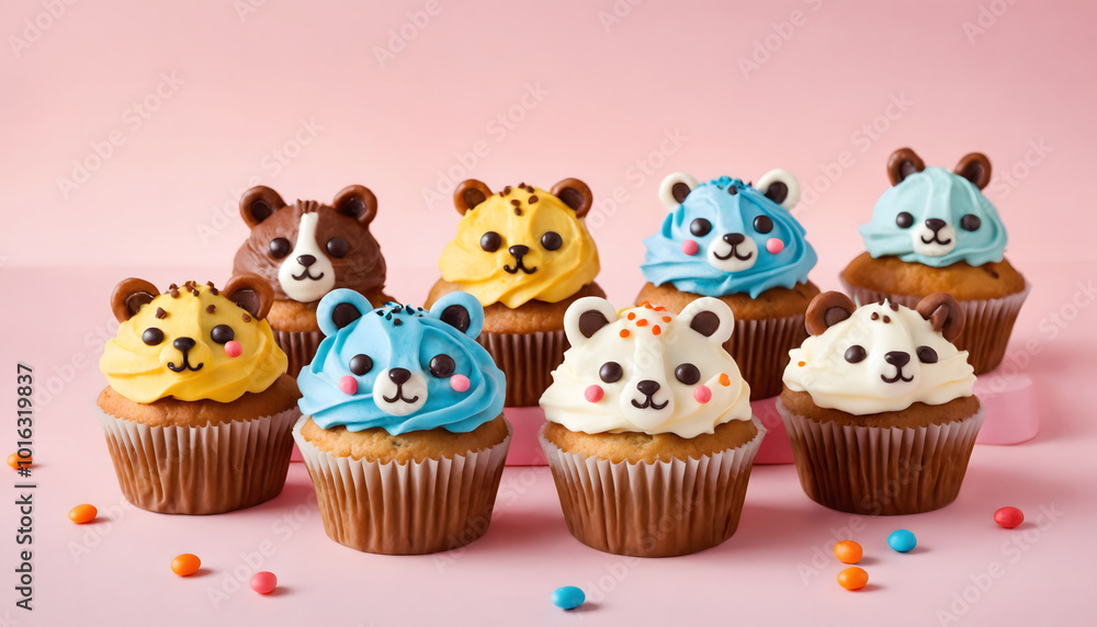 Cupcakes decorated with bear faces on a pink background Cupcakes decorated with bear faces on a pink background