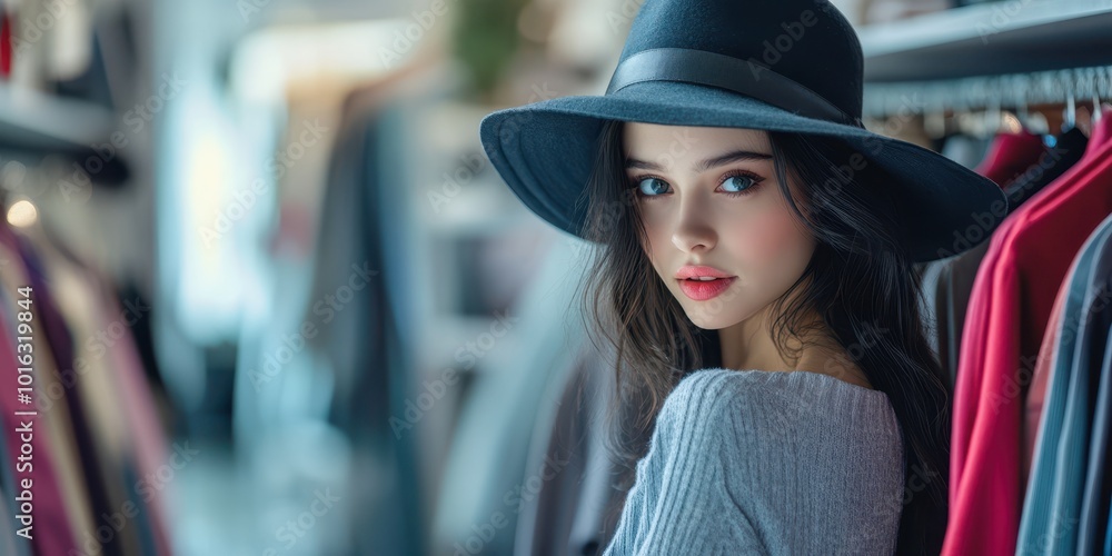 A young woman wearing a stylish hat, posing elegantly in a trendy clothing store filled with colorful garments. A young woman wearing a stylish hat, posing elegantly in a trendy clothing store filled with colorful garments.