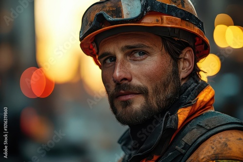 determined construction worker at bustling highway site vibrant safety gear heavy machinery backdrop dynamic composition sense of progress and industry slight motion blur golden hour lighting photo