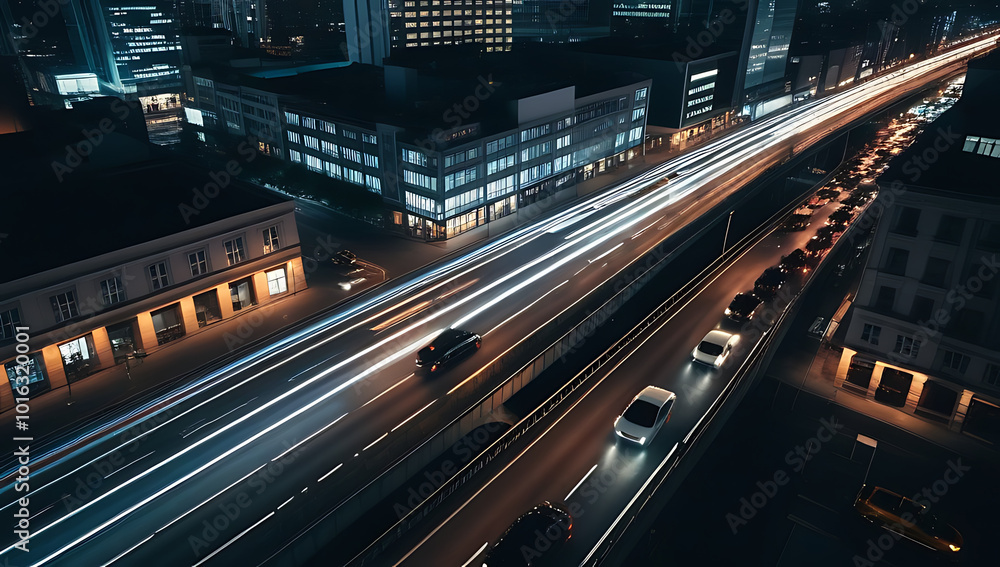 aerial view city traffic night cars speeding dark streets capturing motion automotive life busy urban area aerial view city traffic night cars speeding dark streets capturing motion automotive life busy urban area