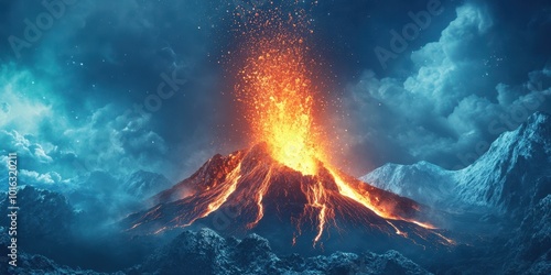 An awe-inspiring volcanic eruption, showcasing vibrant lava and dynamic smoke against a dramatic, stormy sky. photo