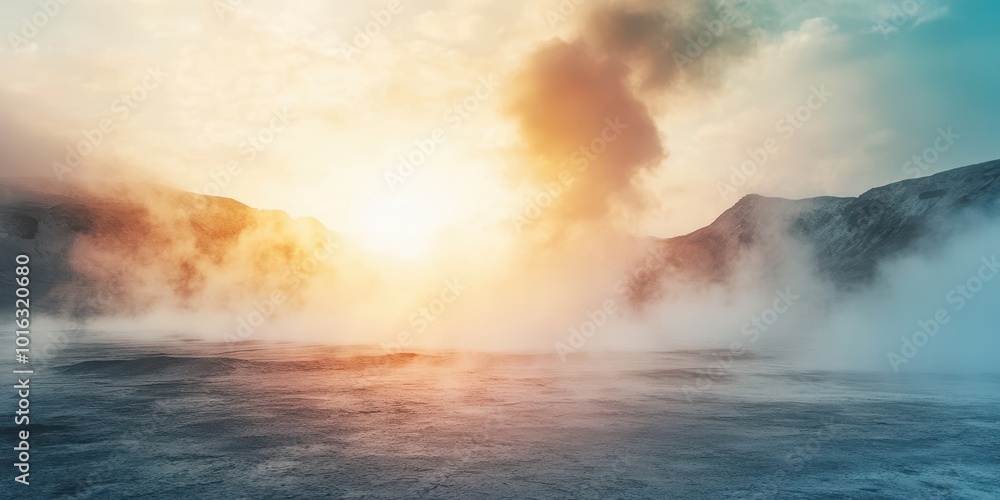 Breathtaking landscape with mist and sunlight reflecting over a vast, serene body of water, surrounded by mountains in the distance. Breathtaking landscape with mist and sunlight reflecting over a vast, serene body of water, surrounded by mountains in the distance.