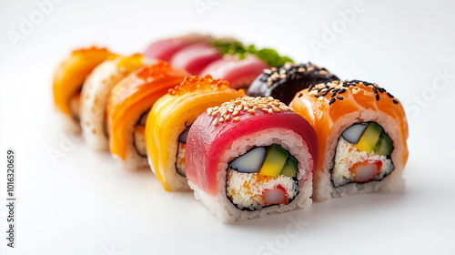 Delicious sushi rolls arranged beautifully, showcasing vibrant colors and fresh ingredients. Each piece features variety of toppings, making it an appealing dish for sushi lovers.