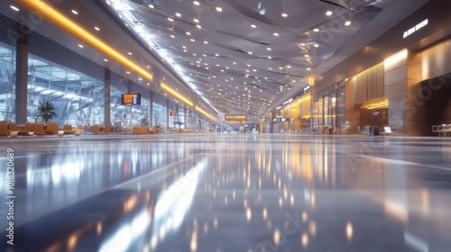 A spacious, modern airport terminal with sleek design and reflective floors.