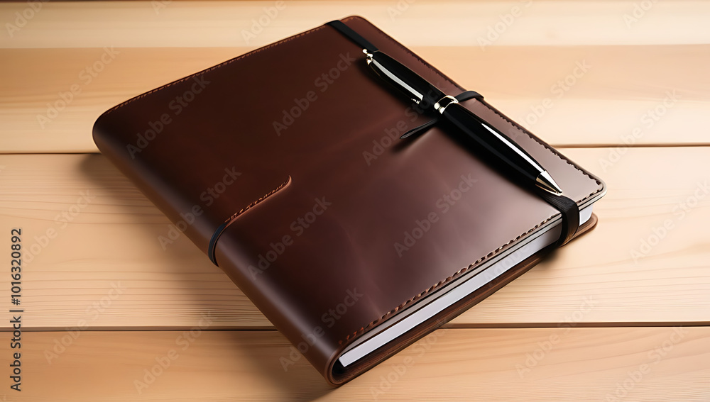 black pen brown leather notebook isolated white spiral notepad office business planning black pen brown leather notebook isolated white spiral notepad office business planning