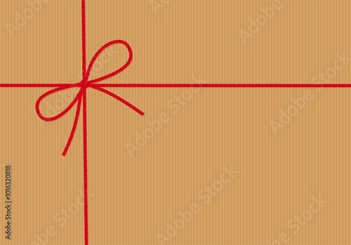 Abstract striped craft paper background, gift tied up with cotton red rope bakers twine bow and ribbons. Packing string for decoration, present, pastry boxes for New Year, Christmas. Vector EPS10