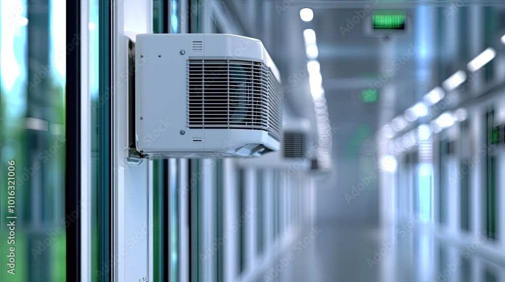 Air conditioning unit on wall, modern interior, cooling space, industrial design. Air conditioning unit on wall, modern interior, cooling space, industrial design.