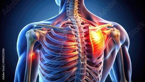 Illuminated 3D model of the human shoulder, highlighting the supraspinatus muscle, tendons, and bones in intricate detail, showcasing the anatomy of the rotator cuff.