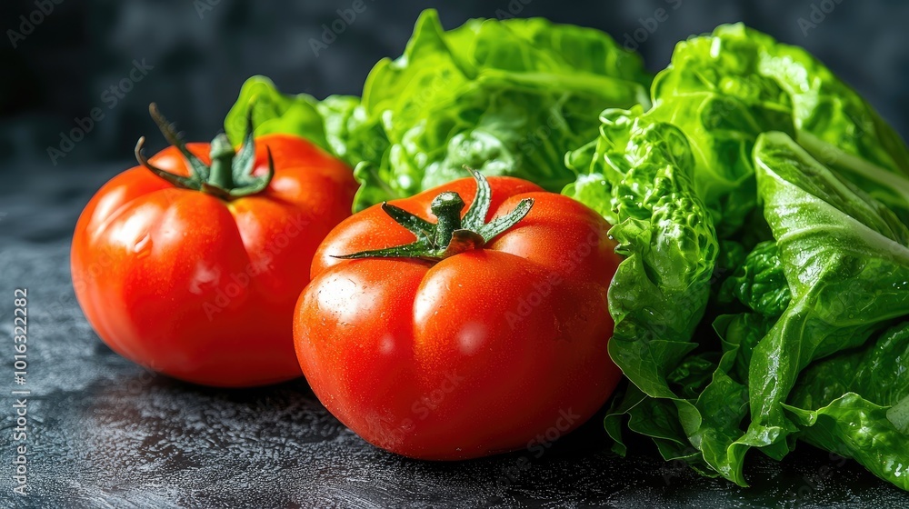 Fresh tomatoes and lettuce on a dark rustic background. Fresh tomatoes and lettuce on a dark rustic background.