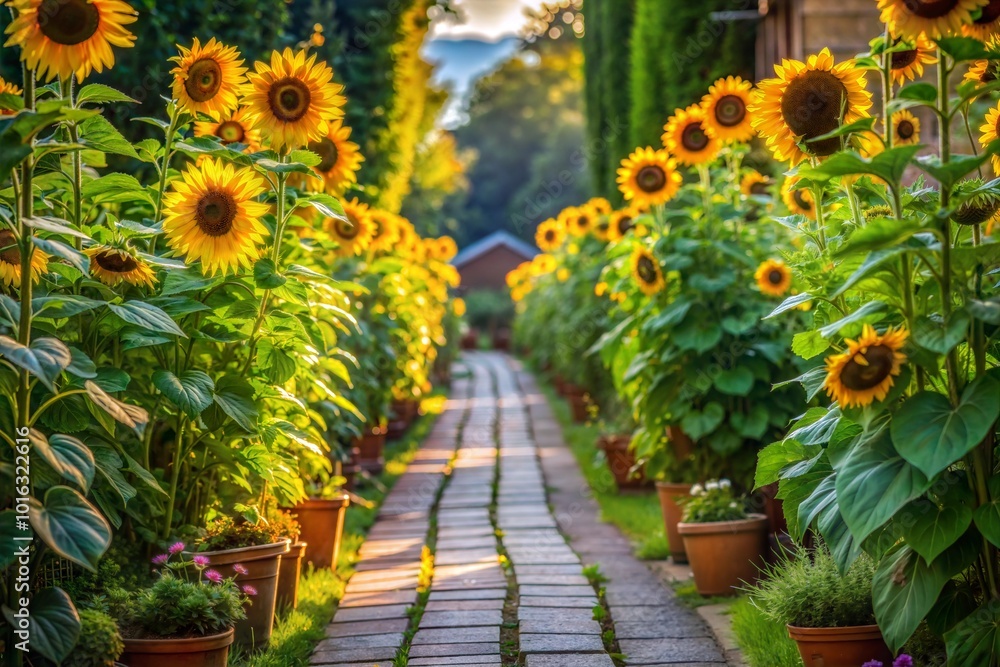 Obraz premium Brick path through sunflower field in warm sunshine